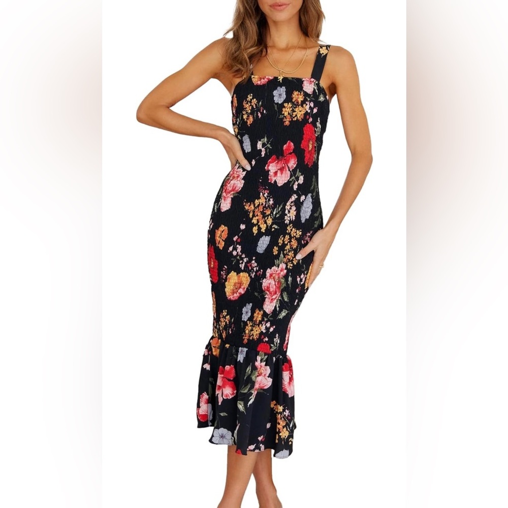 New! Pretty Garden Smocked Floral Midi Dress Sleeveless with Ruffle Hem